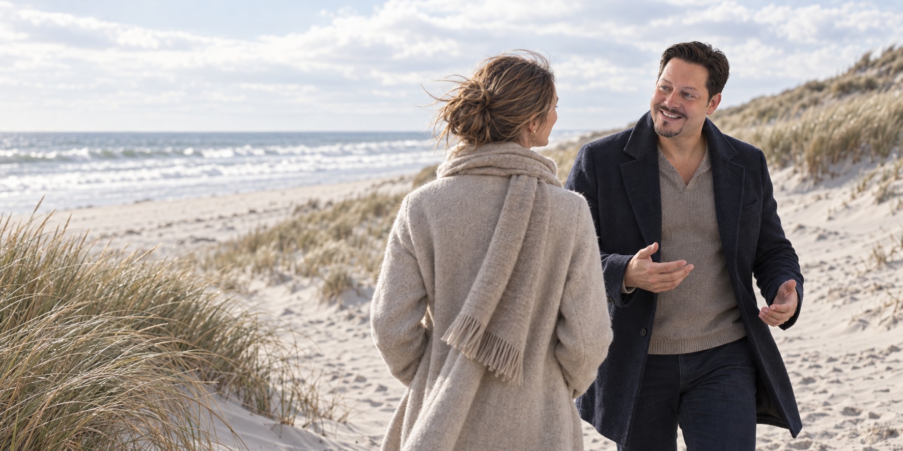 KI-inszenierte Szene: Heiko Rieger bei einem persönlichen Gespräch während eines Spaziergangs an der Küste von Sylt